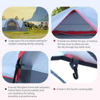 Blue and grey camping tent roof with red trim and front sun-shelter opening