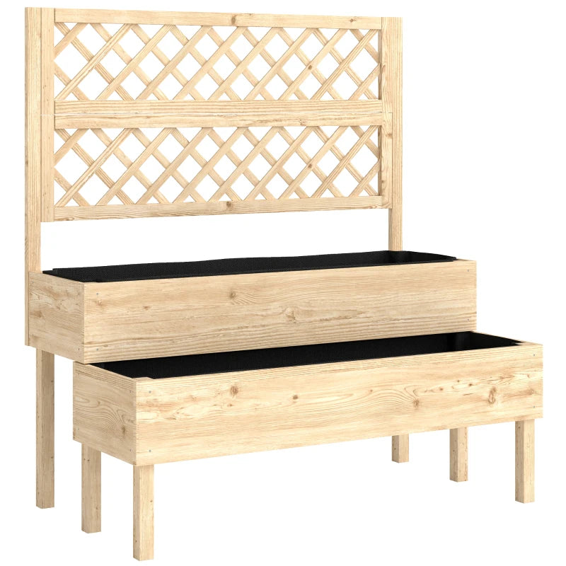 Natural wood raised garden planter box with two tiers and lattice trellis