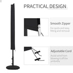 Black parasol cover with smooth zipper and adjustable cord ties near base