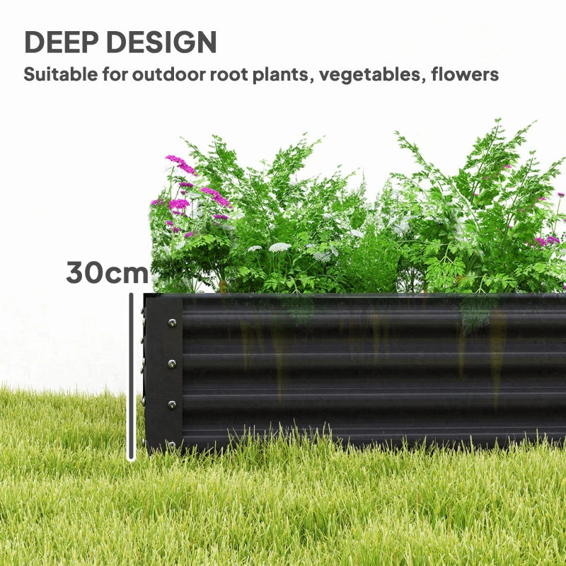 Dark grey galvanised steel planter with green plants, open top and side slats
