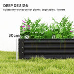 Dark grey galvanised steel planter with green plants, open top and side slats