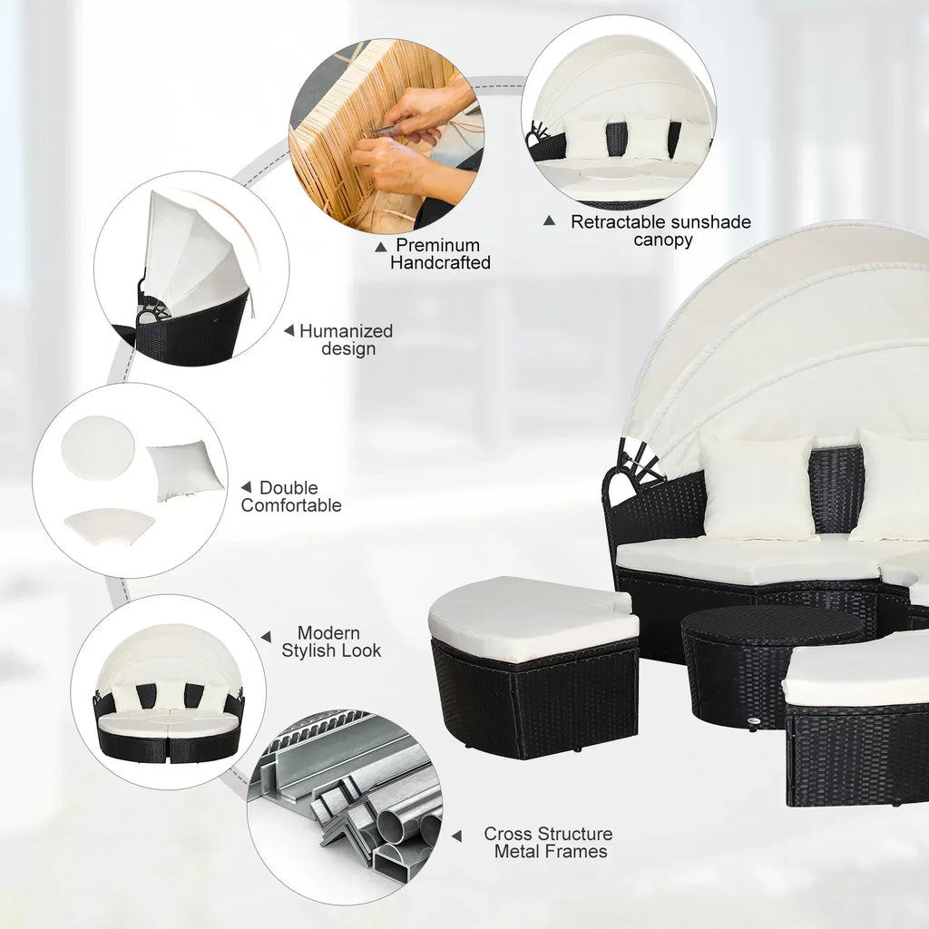 Five-Piece Rattan Garden Bed, with Canopy - Black/White - Bobobiy