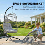 Light grey hanging egg chair with foldable storage basket attached