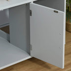 Grey wooden cat litter box enclosure door with hinges and magnetic closure hardware
