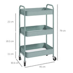 Light blue three-tier steel storage trolley with open shelves and caster base