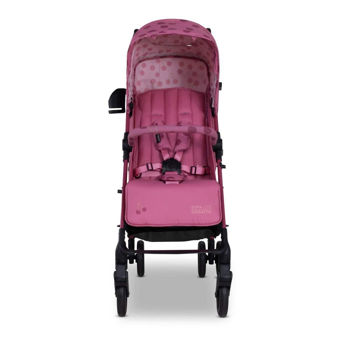 Cherry pink patterned stroller with canopy and padded seat, front view