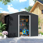 Grey metal garden shed with open sliding door showing tool storage shelves and equipment.