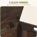 Close-up of alloy safety hinges on a rustic wooden storage chest lid, dark brown
