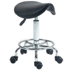 Black rolling saddle stool with cushioned seat and swivel base on caster wheels