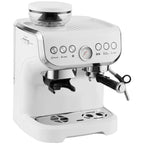 White espresso coffee machine with portafilter and steam wand attachment