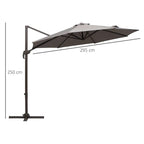Grey cantilever parasol with dark canopy and pole showing 250 cm and 295 cm marks