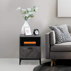Dark grey nightstand with open shelf, front drawer, and steel legs.