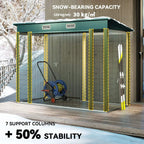 Green metal storage shed with double doors open, snow load capacity and support columns shown