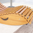 Top view of wooden rocking chair slatted seat with curved base and safety hardware