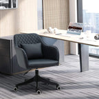 Deep blue PU leather swivel office chair with armrests and rolling casters.