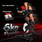 Black exercise bike with non-slip handles and tablet holder on the console