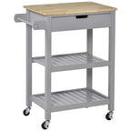 Grey kitchen utility cart with rubberwood worktop, slatted shelves, and rolling casters