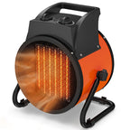 Orange and black portable space heater with glowing ceramic fan grille and foldable stand