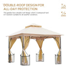 Beige double-roof garden gazebo with black metal frame and hanging sheer curtains
