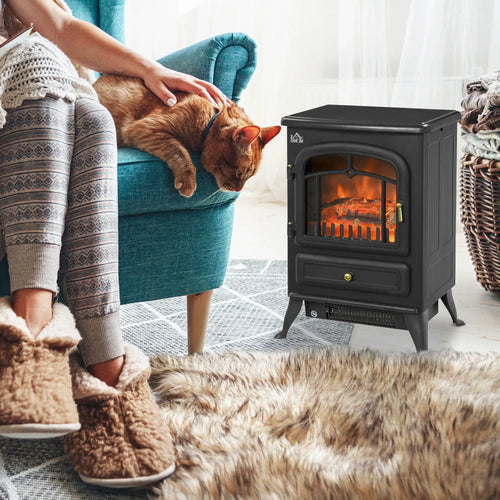 Black portable electric fireplace stove with glass front and orange flame effect