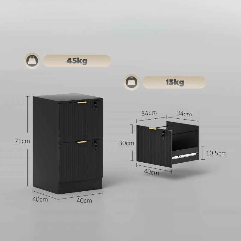 Black fluted vertical file cabinet with two locked drawers and hanging rails
