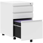 White 3-drawer mobile metal filing cabinet with top drawer open and casters.
