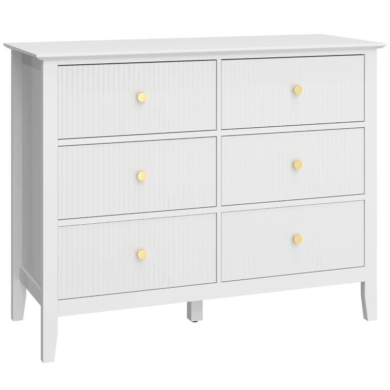 White fluted 6-drawer dresser with six cabinet drawers and gold round knobs