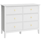 White fluted 6-drawer dresser with six cabinet drawers and gold round knobs