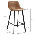Brown bar stool with cushioned seat and black legs, side view with size markers