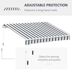 Blue-and-white striped retractable awning with long crank handle