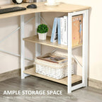 Two-tier storage shelf attached to oak-tone L-shaped corner desk with white frame