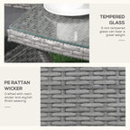 Grey resin wicker weaving with tempered glass tabletop edge close-up