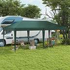 Green pop-up gazebo with steel frame, open canopy over outdoor seating area