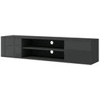 Grey floating TV stand cabinet with two open shelves and two drawer-style compartments