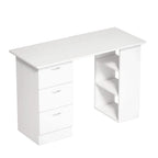 White computer desk with 3 drawers and open right storage cubby shelves