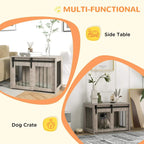 Dog crate furniture with side table top, wood-look frame, and front bar gate