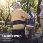 Rollator walker with supportive backrest, black seat, and storage bag on wheels