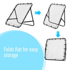 Fold-flat rebounder net target with black grid net and support stand for storage