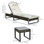 Cream reclining lounger with dark woven frame and glass-top side table, size shown