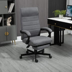 Grey fabric swivel chair with tall padded back, armrests, and rolling base