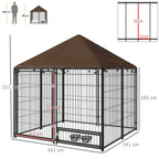 Outdoor dog playpen kennel with brown canopy, black frame, open front door