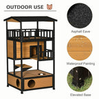 Three-tier wooden cat house with waterproof finish, black frame, and elevated base