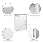 White bathroom wall cabinet with arched door, light grey top, and strip handle details