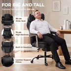 Black high-back office chair with built-in headrest and lumbar support pillow