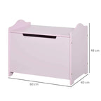 Pink wooden toy box storage chest with open front lid and side safety hinges.