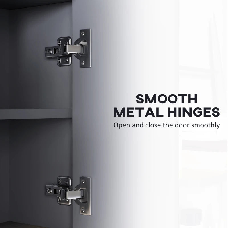 Grey cabinet door hinges with smooth open-and-close hardware on mirror cabinet