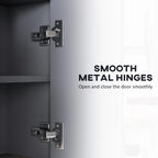 Grey cabinet door hinges with smooth open-and-close hardware on mirror cabinet
