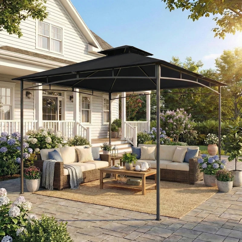 Black 3x3 m metal garden gazebo with two-tier roof, open sides and four posts