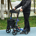 Blue rollator walker with black seat bag and four swivel wheels, used outdoors