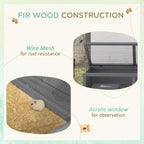 Grey wooden hamster cage with wire mesh and acrylic viewing window for observation